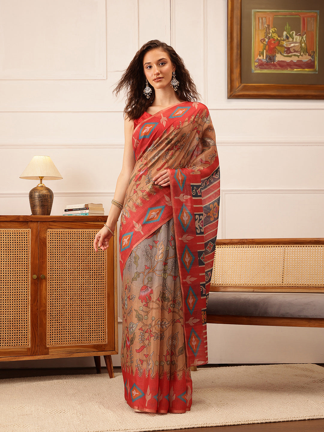 Red Banarasi Silk Cotton Saree with modern floral digital print