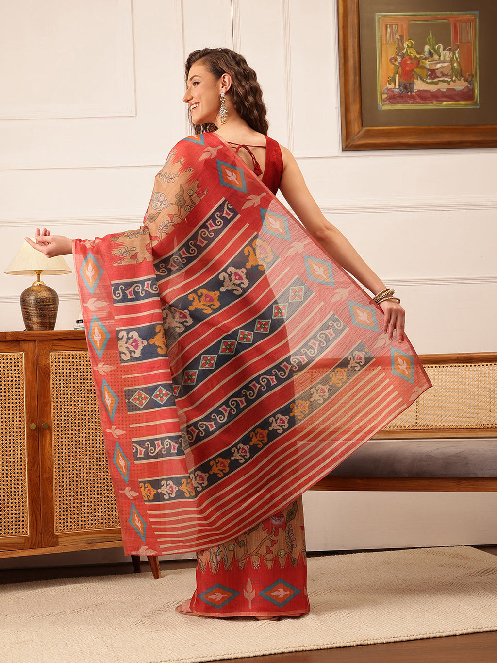 Red Banarasi Silk Cotton Saree with Vibrant Floral Digital Print