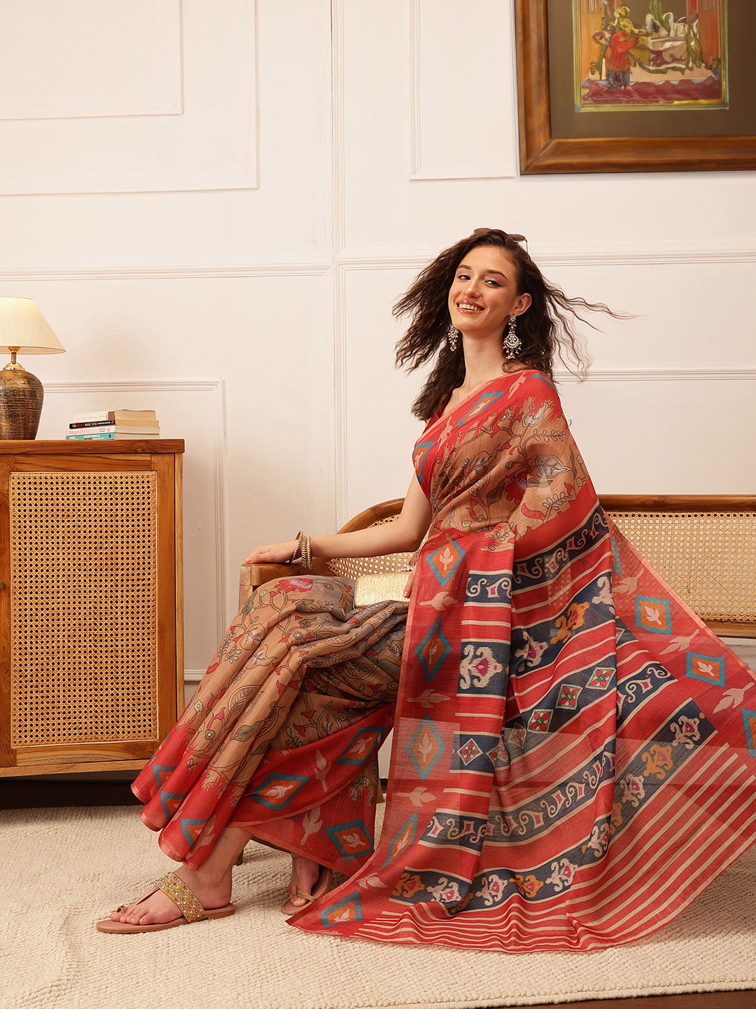 Red Banarasi Silk Cotton Saree with Vibrant Floral Digital Print