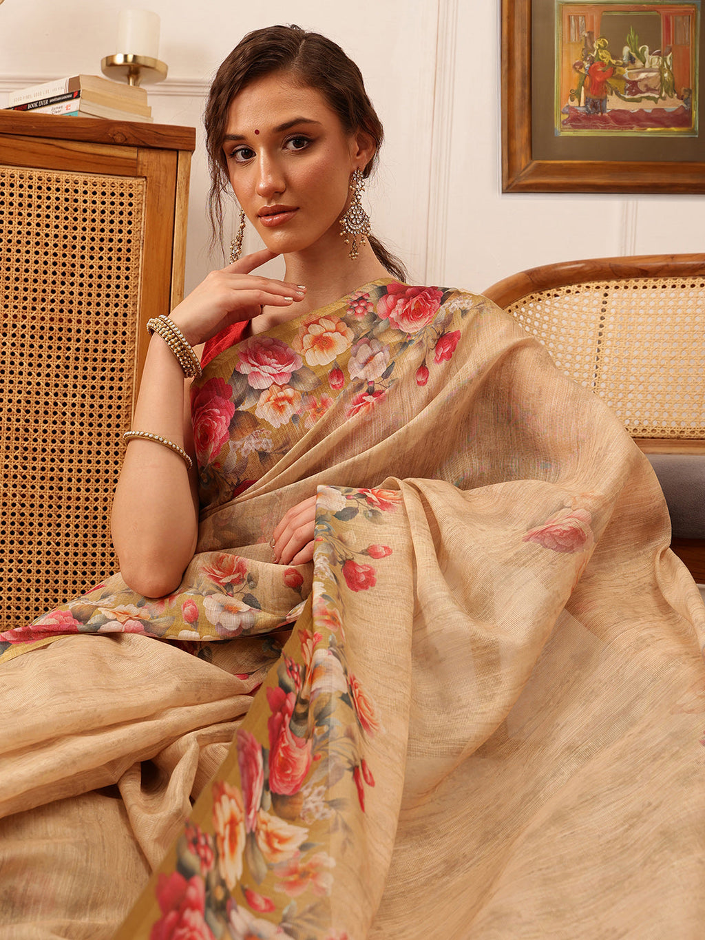 Beige Banarasi Silk Cotton Saree with Elegant Floral Digital Print