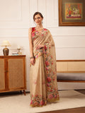 Beige Banarasi Silk Cotton Saree featuring delicate floral digital prints
