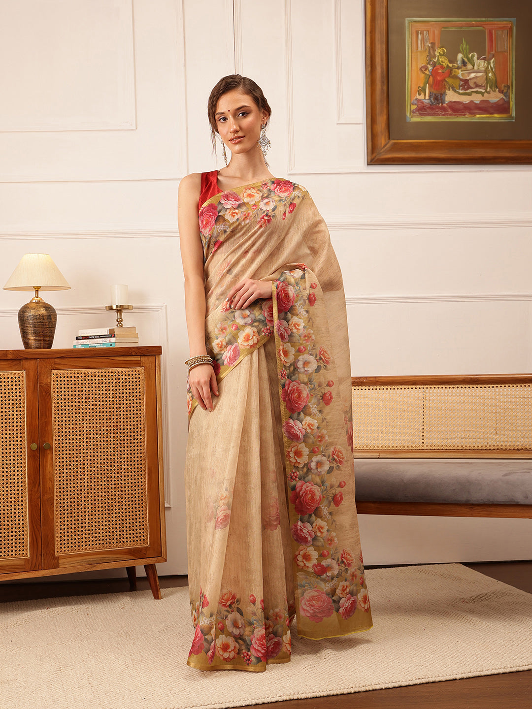 Beige Banarasi Silk Cotton Saree featuring delicate floral digital prints