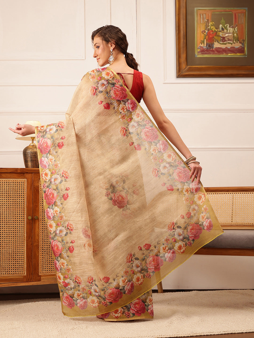 Beige Banarasi Silk Cotton Saree with Elegant Floral Digital Print