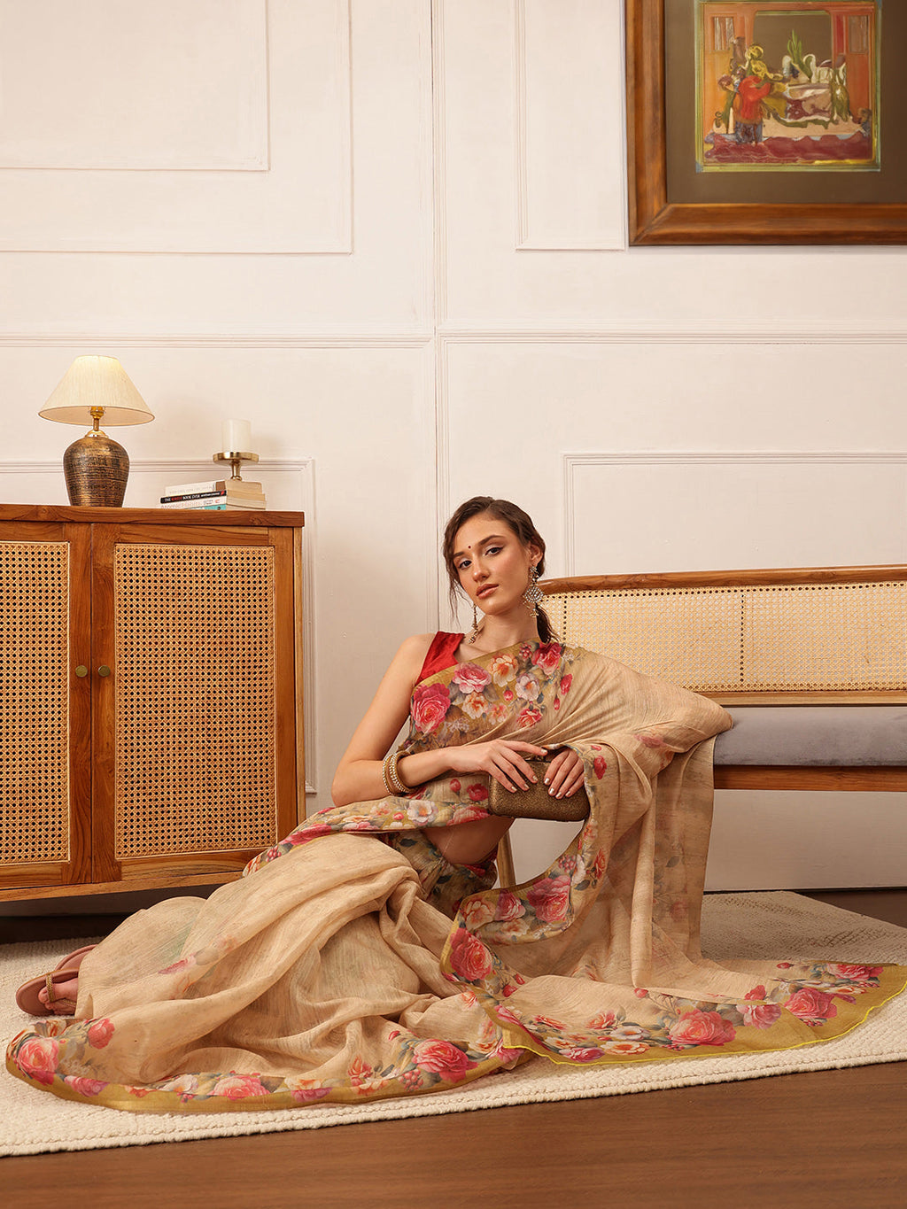 Beige Banarasi Silk Cotton Saree with Elegant Floral Digital Print