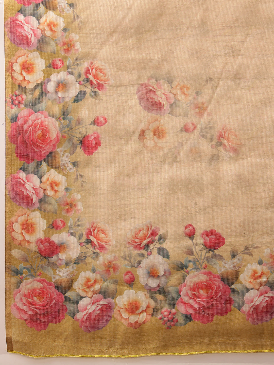 Beige Banarasi Silk Cotton Saree with Elegant Floral Digital Print