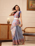 Blue Banarasi Silk Cotton saree with colorful floral digital print