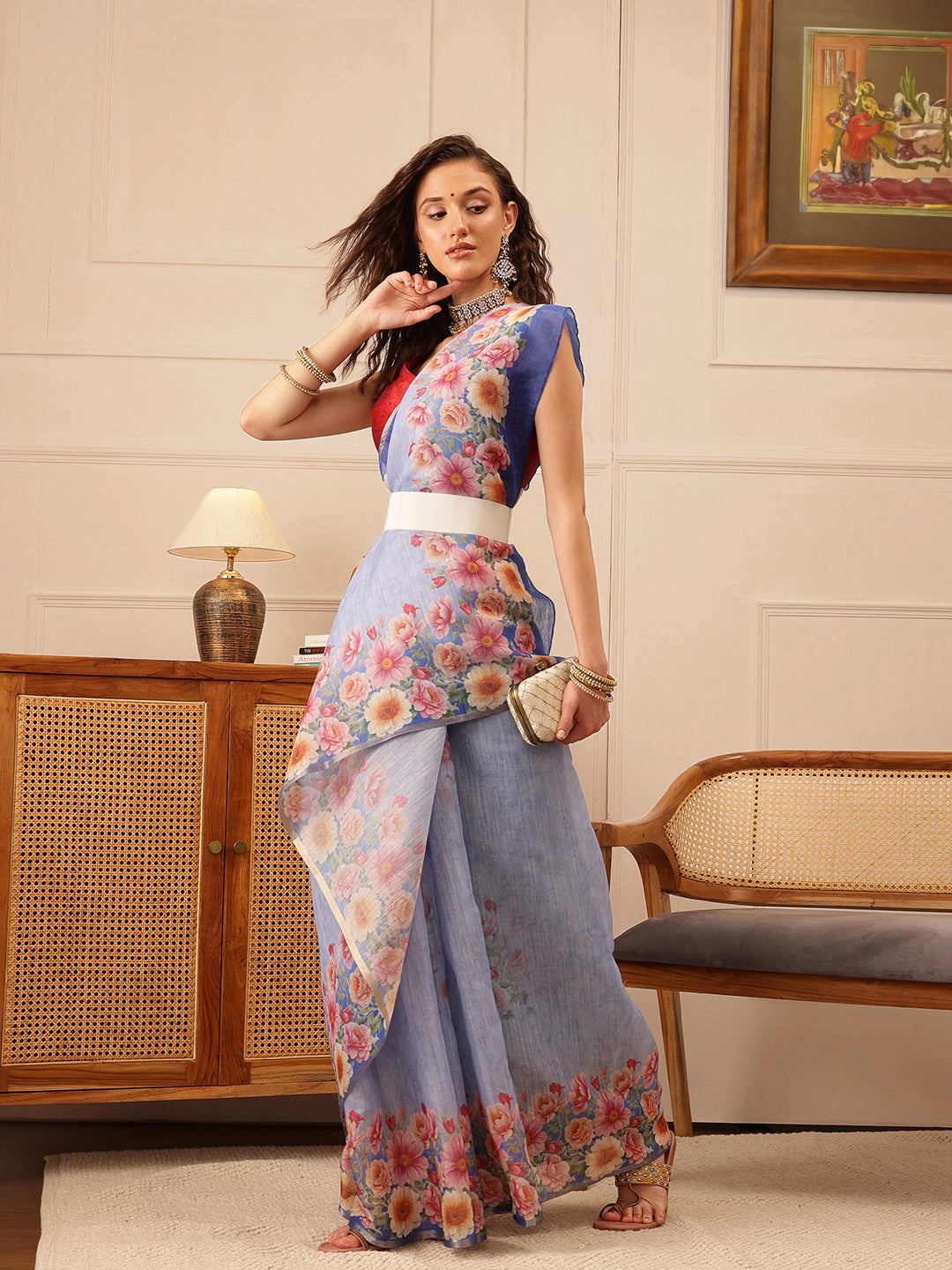 Blue Banarasi Silk Cotton saree with colorful floral digital print