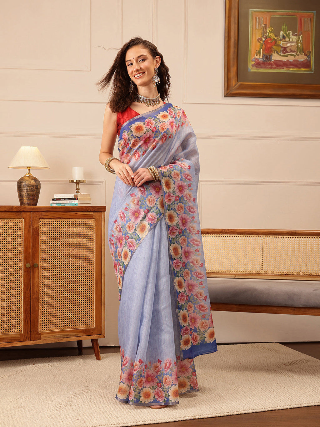 Blue Banarasi Silk Cotton Saree with Floral Digital Print
