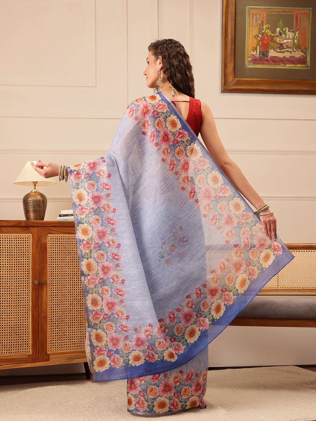 Blue Banarasi Silk Cotton Saree with Floral Digital Print