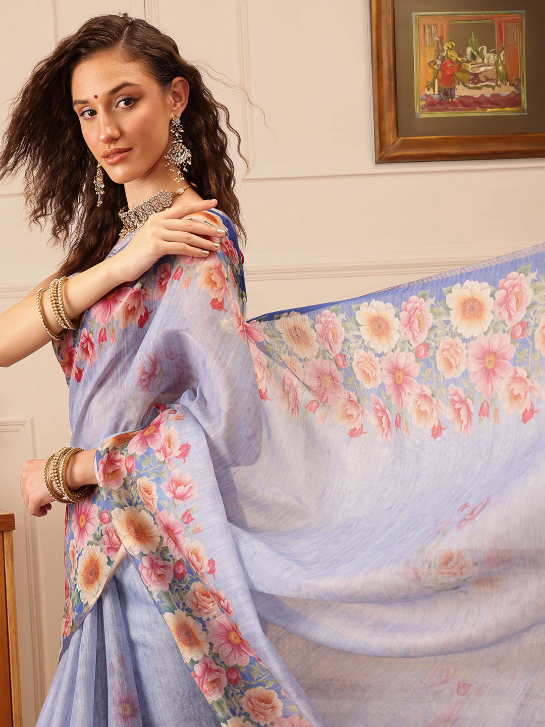 Blue Banarasi Silk Cotton Saree with Floral Digital Print