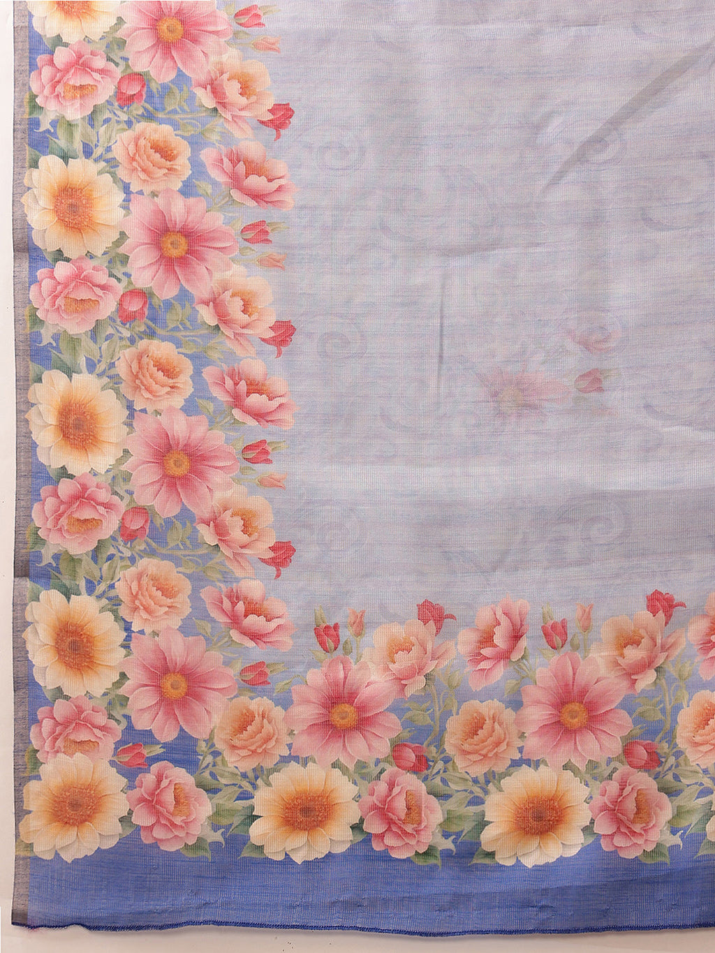 Blue Banarasi Silk Cotton Saree with Floral Digital Print