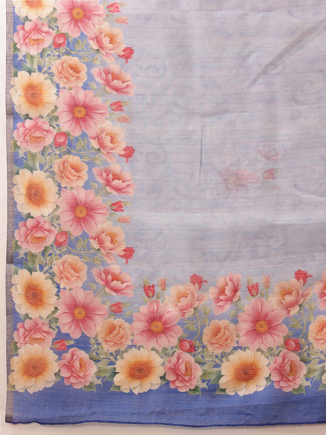 Blue Banarasi Silk Cotton Saree with Floral Digital Print