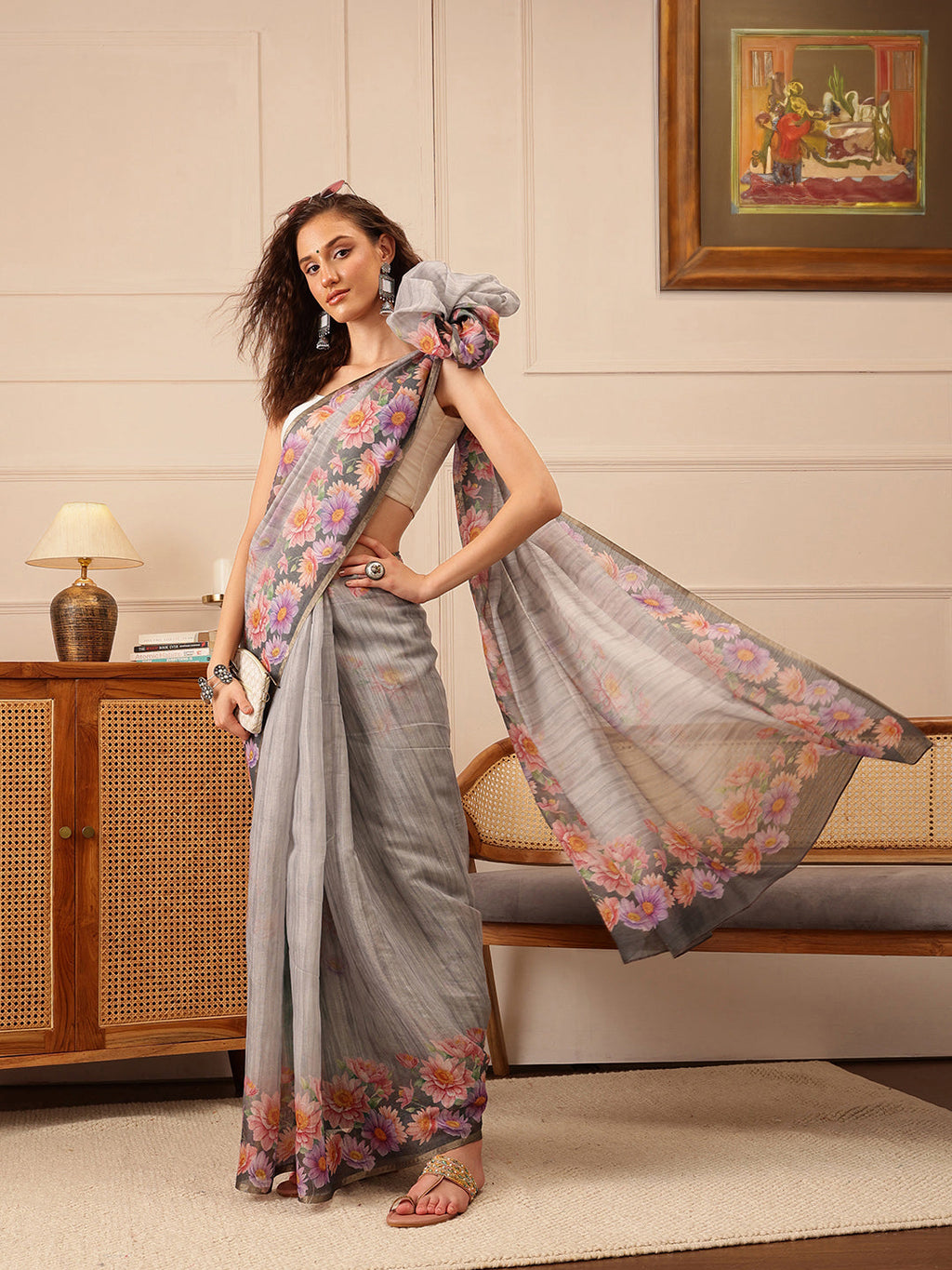 Grey Banarasi silk cotton saree with floral digital print