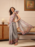 Grey Banarasi silk cotton saree with floral digital print