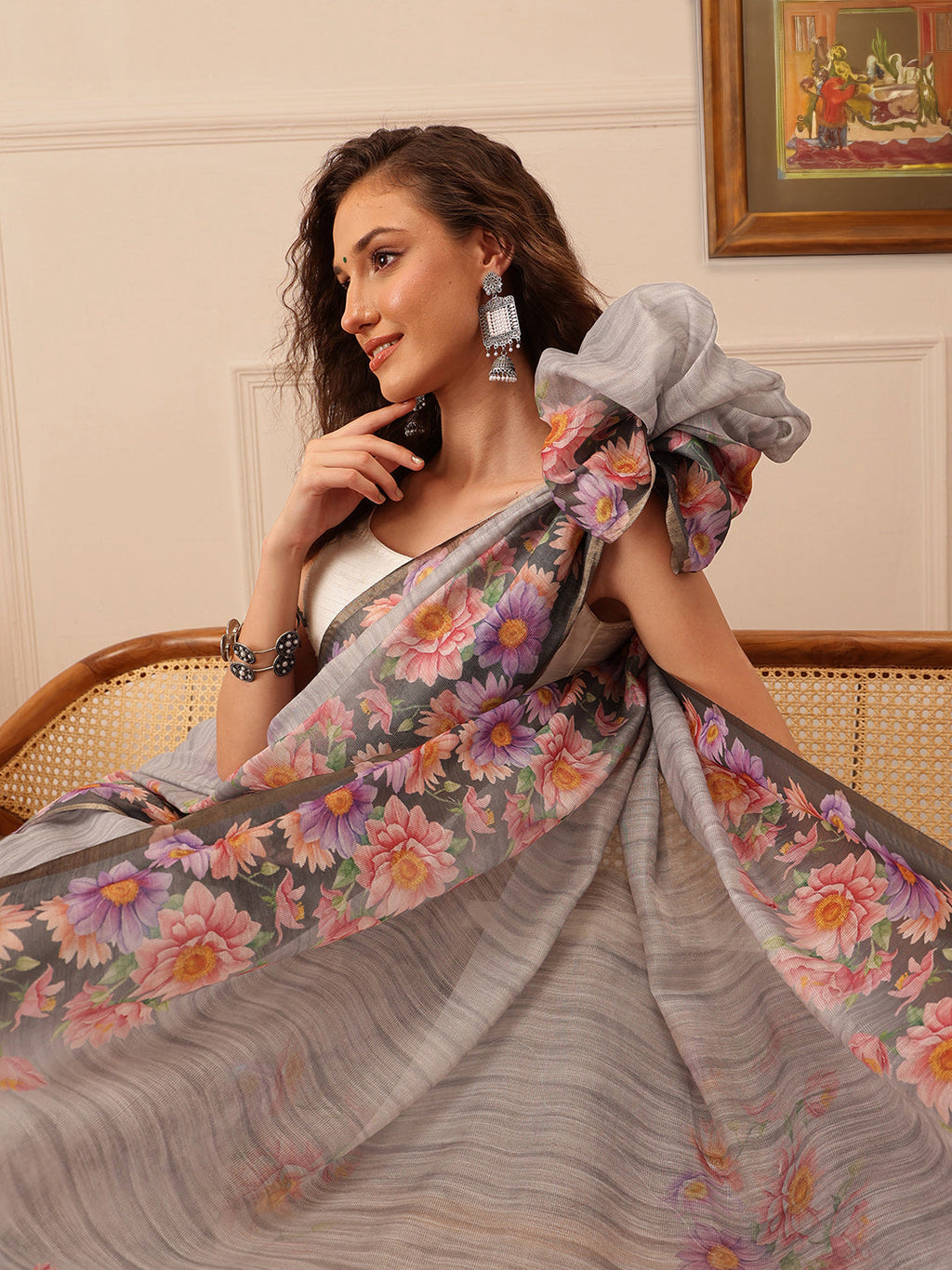 Grey Banarasi Silk Cotton Saree with Floral Digital Print