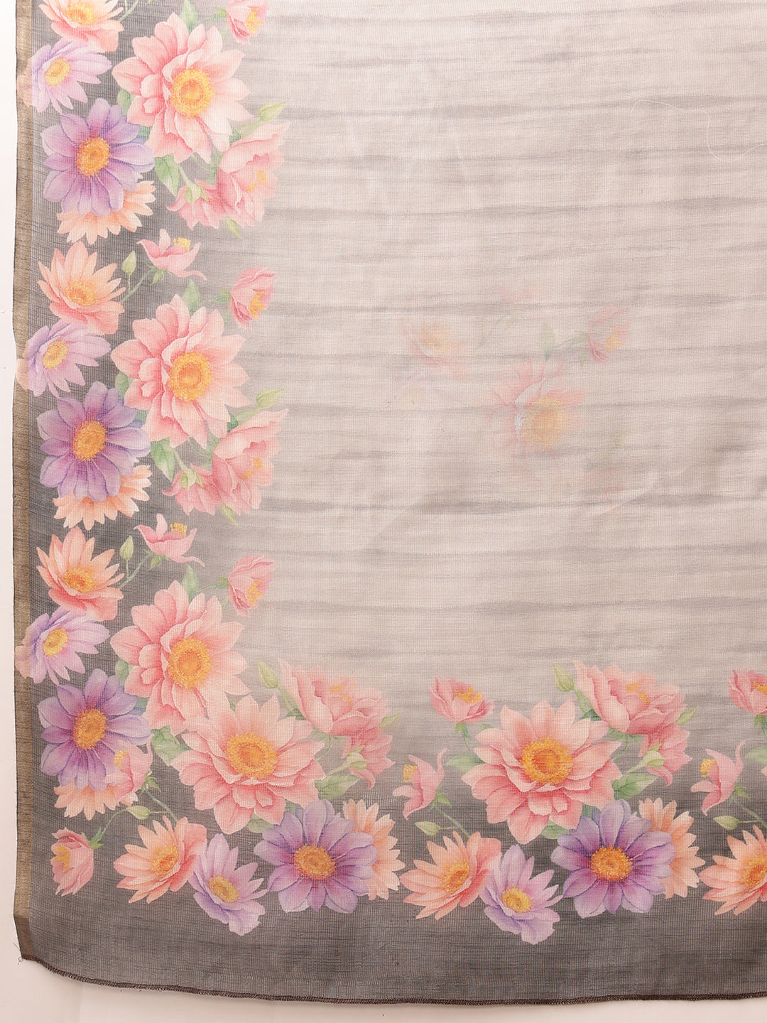 Grey Banarasi Silk Cotton Saree with Floral Digital Print