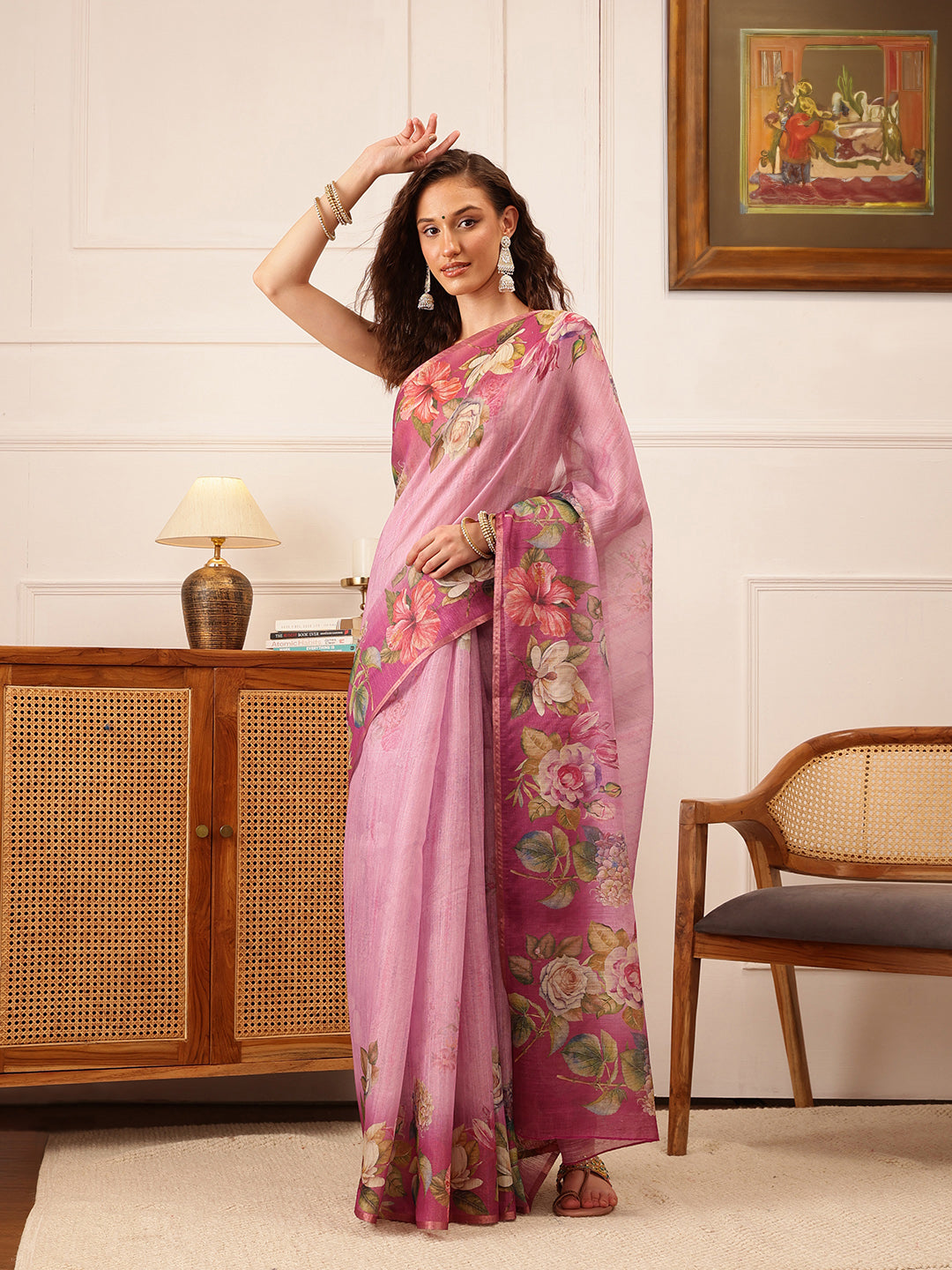 Pink Banarasi silk cotton saree with floral digital print