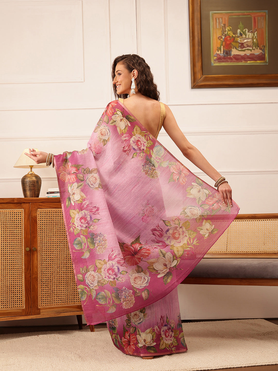 Pink Banarasi Silk Cotton Floral Digital Print Saree