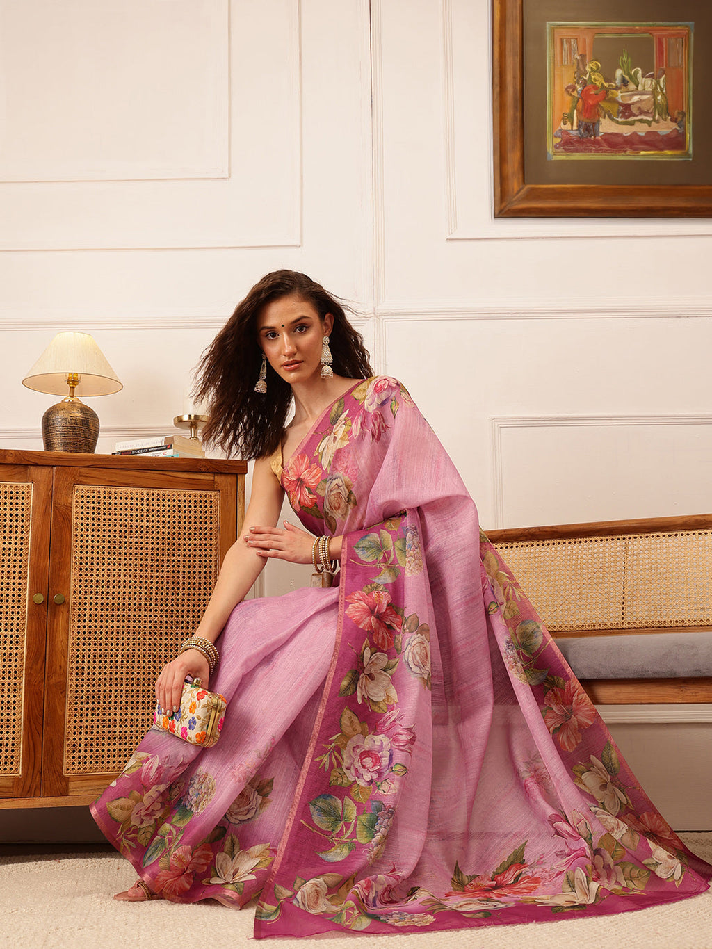 Pink Banarasi Silk Cotton Floral Digital Print Saree