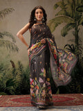 Black Banarasi Cotton Blend Saree with floral print