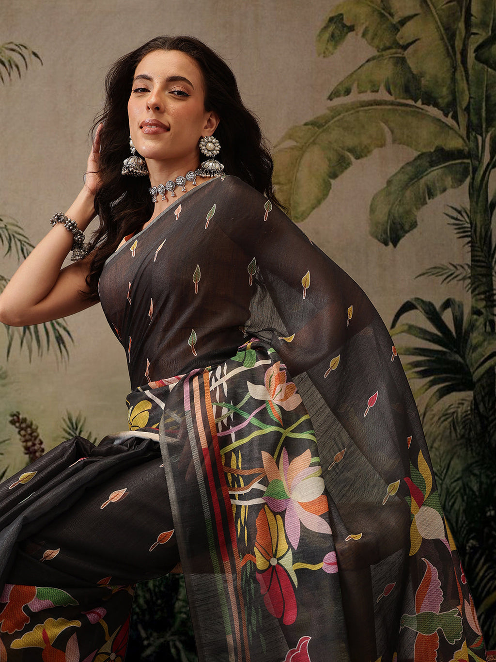 Black Banarasi Cotton Blend Floral Digital Printed Saree