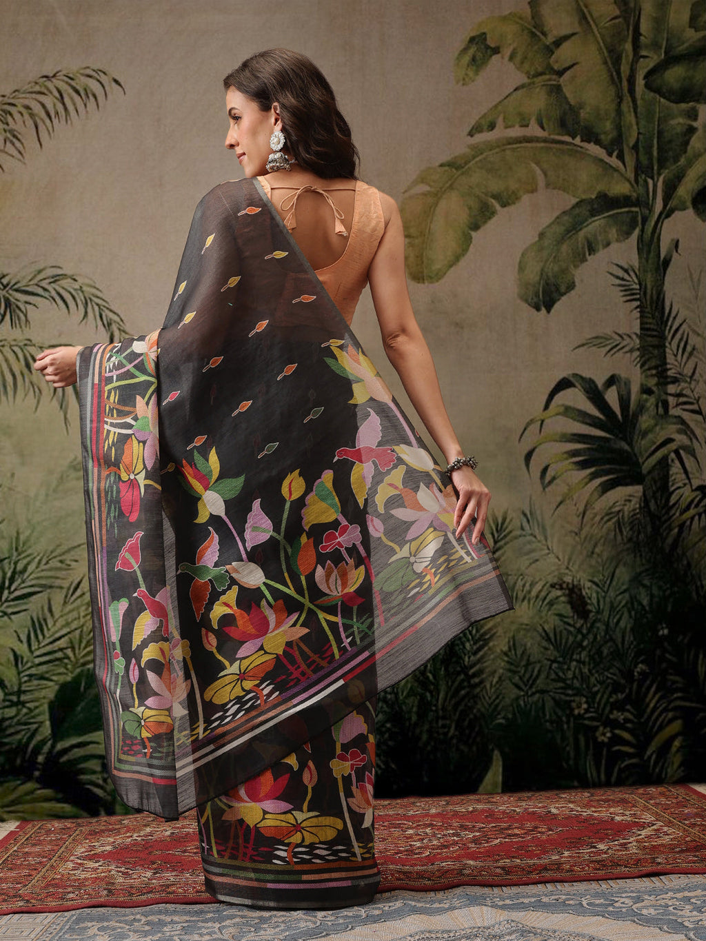 Black Banarasi Cotton Blend Floral Digital Printed Saree