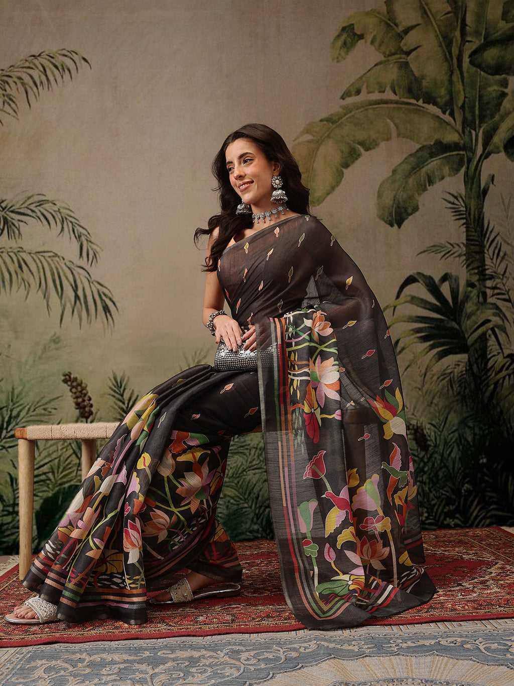 Black Banarasi Cotton Blend Floral Digital Printed Saree