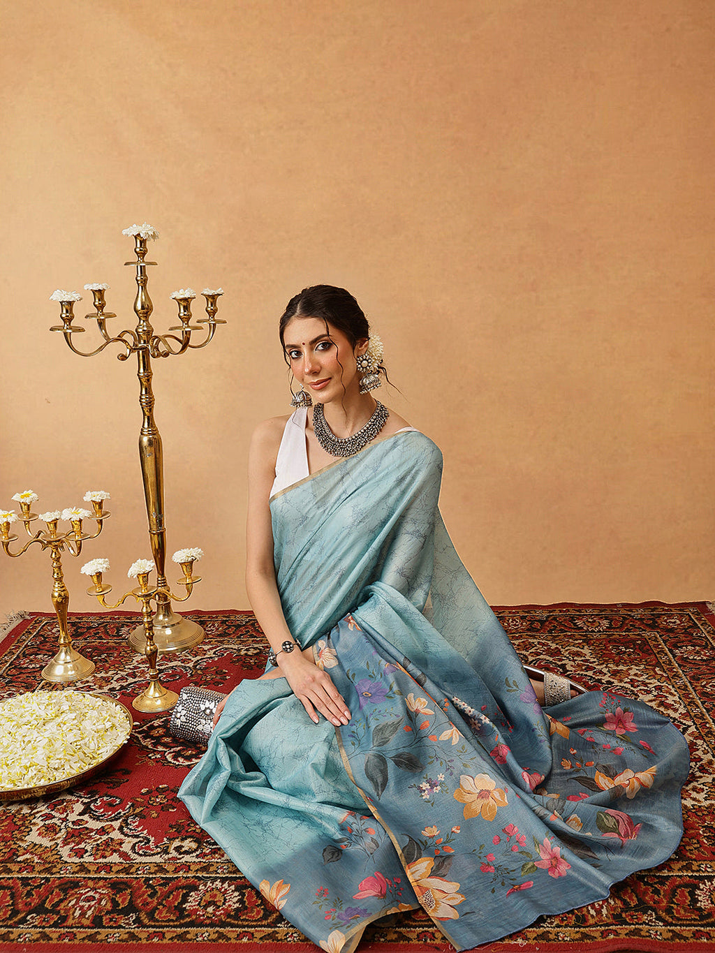Blue Banarasi Cotton Silk Floral Digital Printed Saree