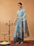 Blue Banarasi Cotton Silk Saree with floral digital print pattern