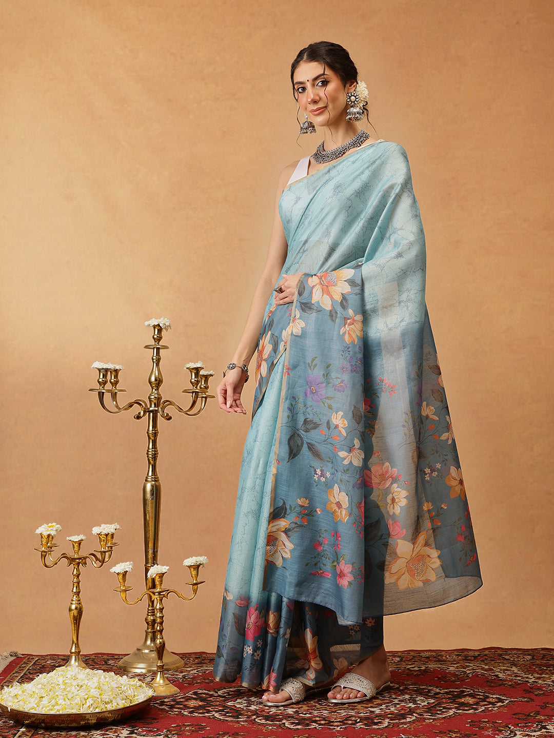 Blue Banarasi Cotton Silk Saree with floral digital print pattern
