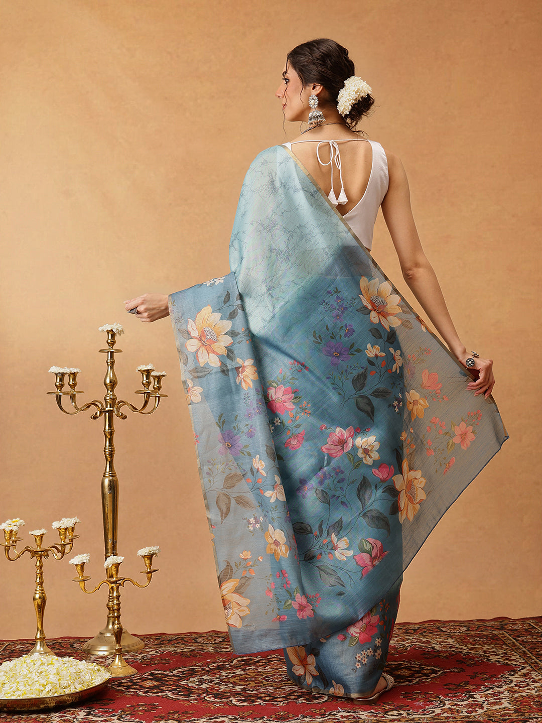 Blue Banarasi Cotton Silk Floral Digital Printed Saree