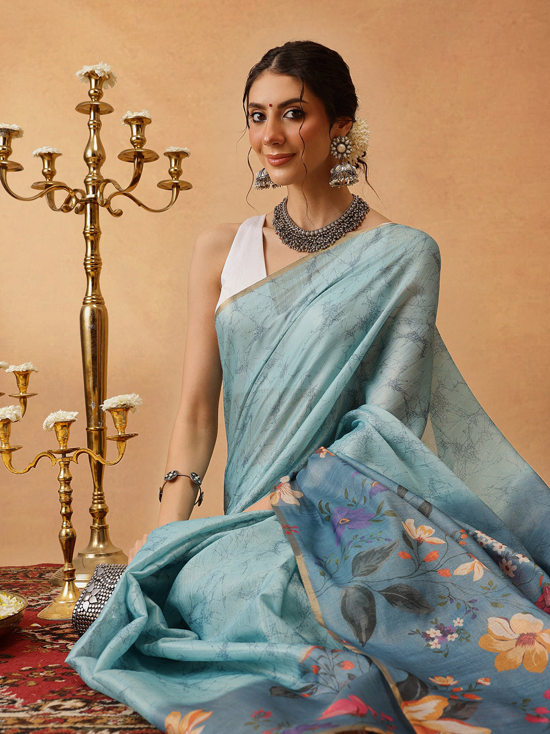 Blue Banarasi Cotton Silk Floral Digital Printed Saree