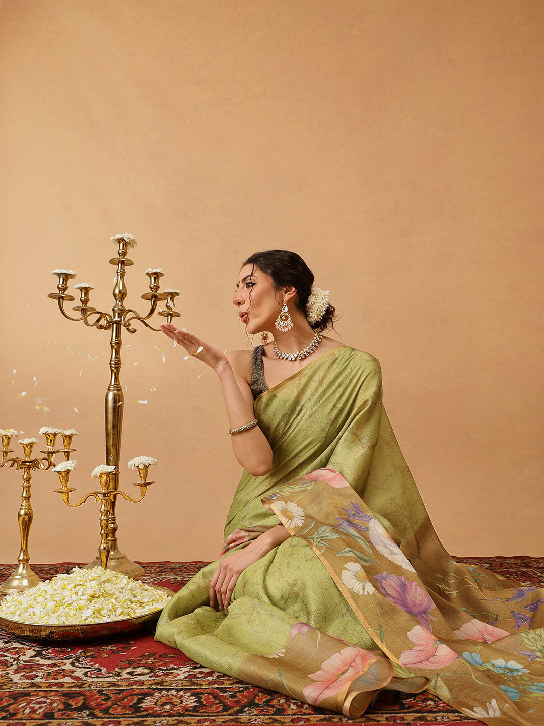 Olive Banarasi Cotton Silk Saree with Floral Digital Prints
