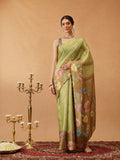 Olive Banarasi cotton silk saree with floral digital print pattern
