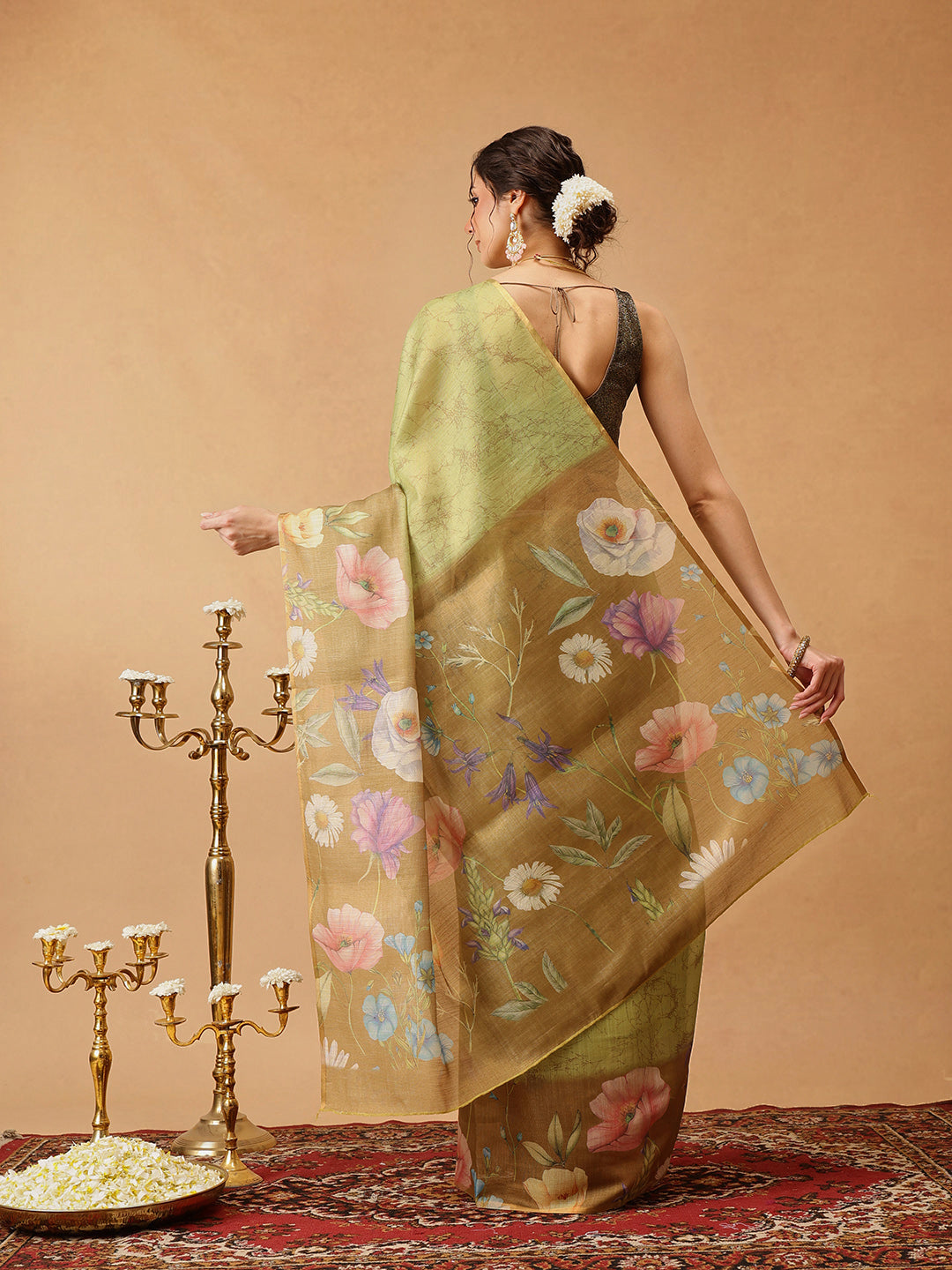 Olive Banarasi Cotton Silk Saree with Floral Digital Prints