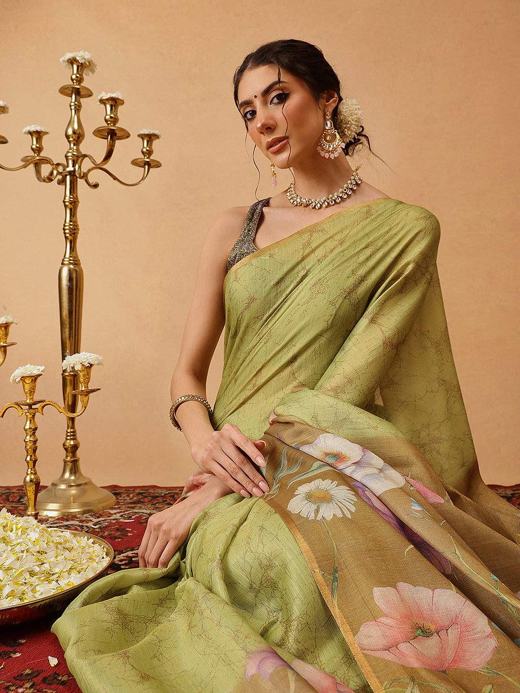 Olive Banarasi Cotton Silk Saree with Floral Digital Prints