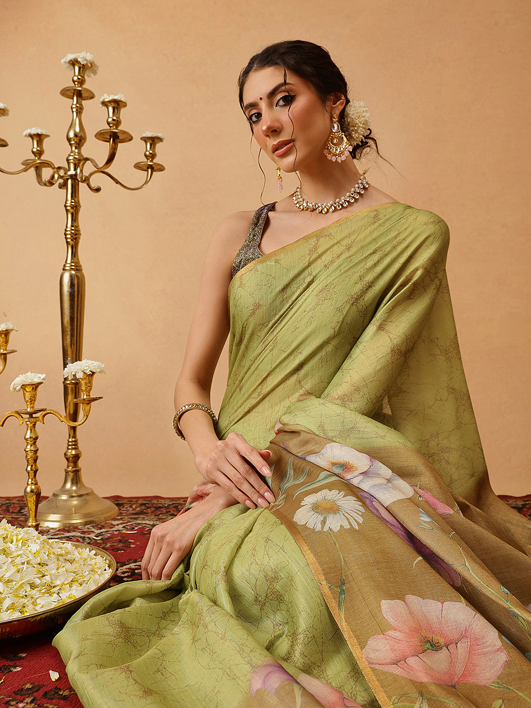 Olive Banarasi Cotton Silk Saree with Floral Digital Prints