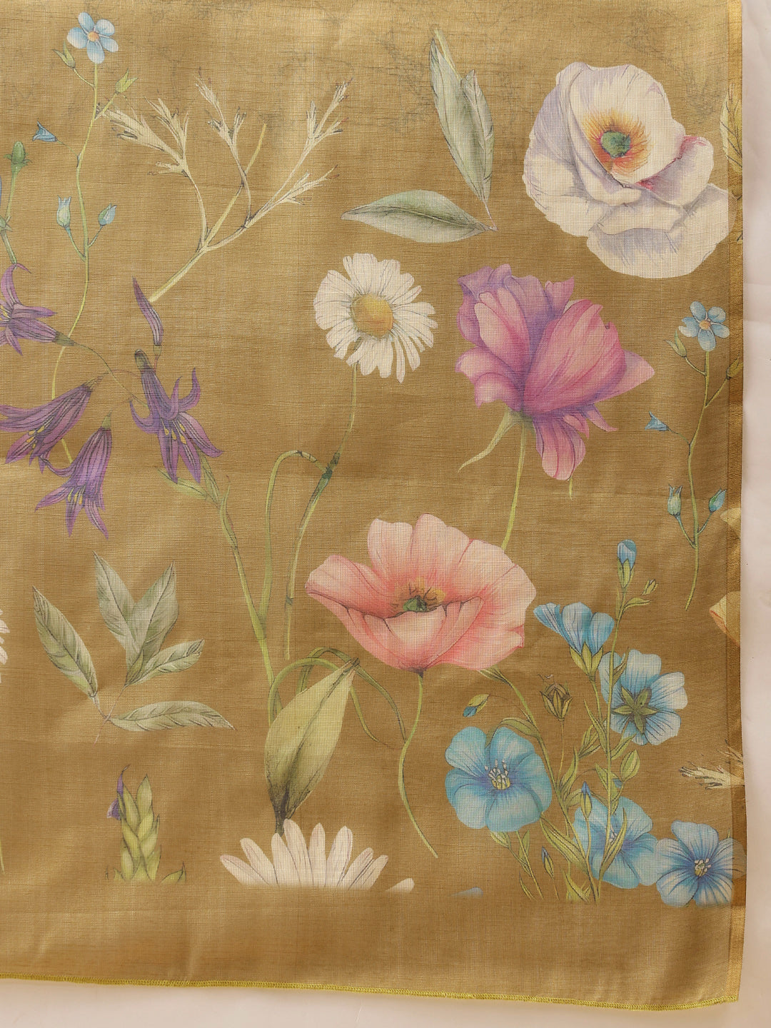 Olive Banarasi Cotton Silk Saree with Floral Digital Prints