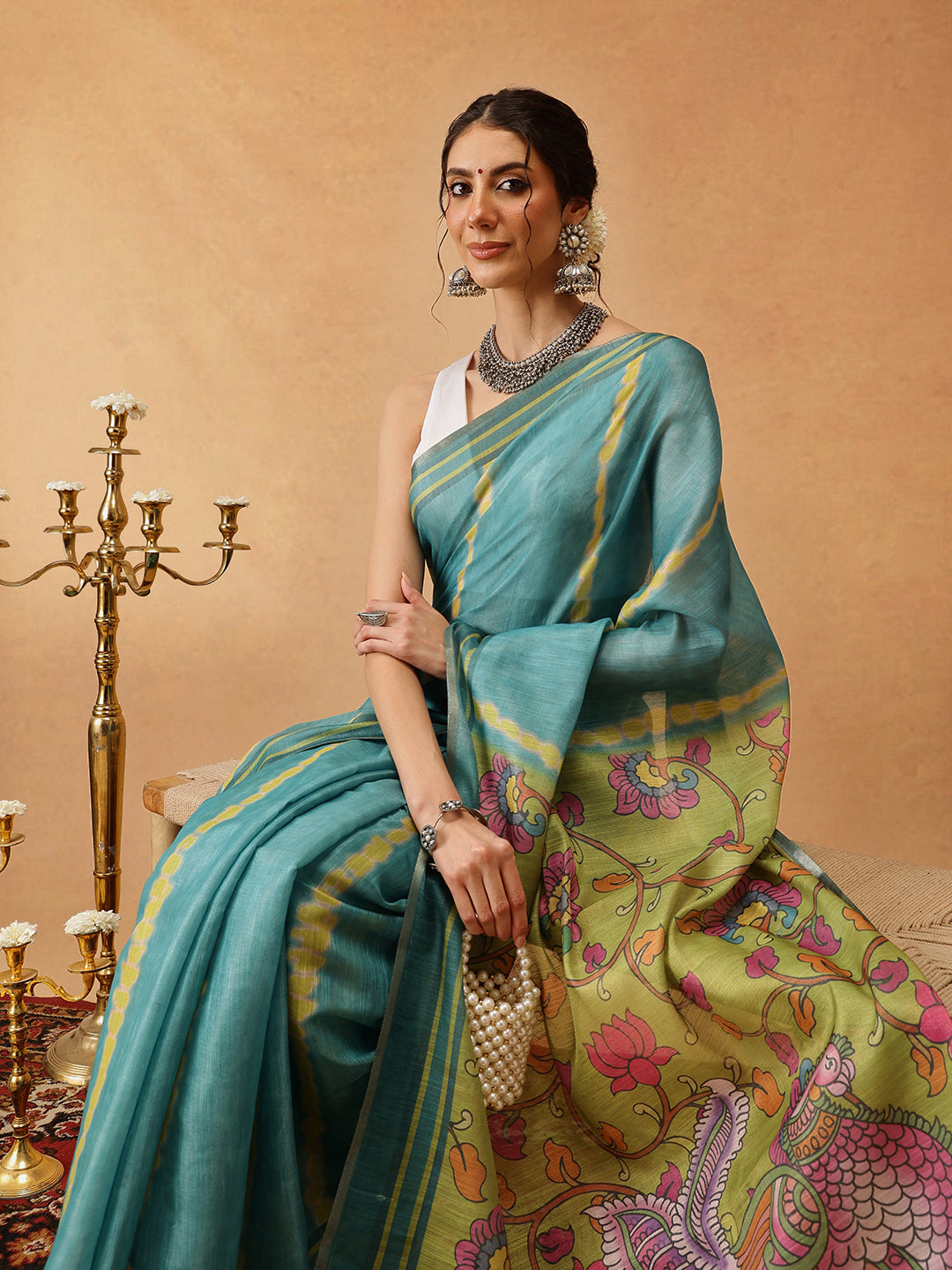 Teal Banarasi Cotton Silk Saree with Lahariya Digital Print