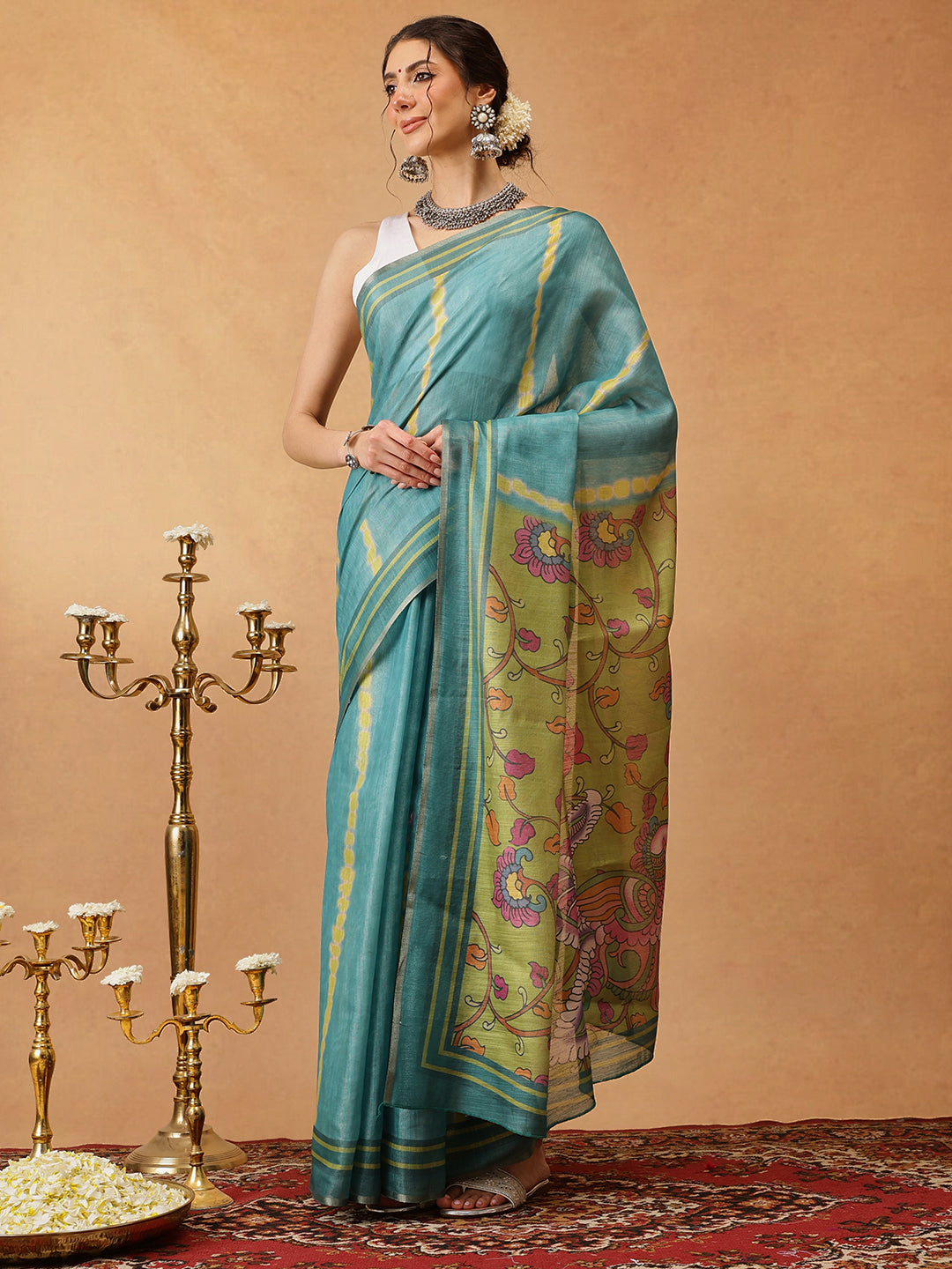 Teal Banarasi Cotton Silk Saree with Lahariya digital print pattern
