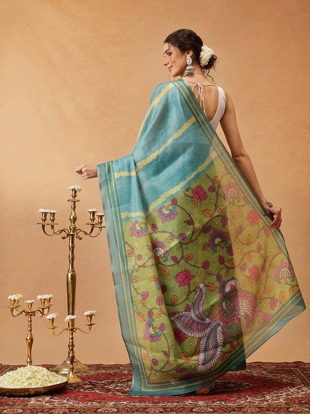 Teal Banarasi Cotton Silk Saree with Lahariya Digital Print