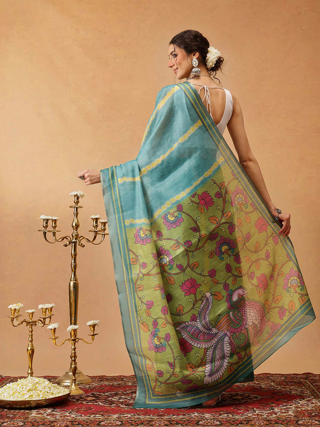 Teal Banarasi Cotton Silk Saree with Lahariya Digital Print