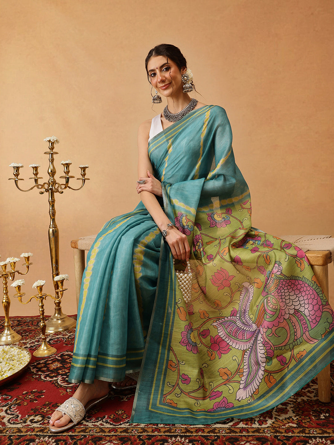 Teal Banarasi Cotton Silk Saree with Lahariya Digital Print