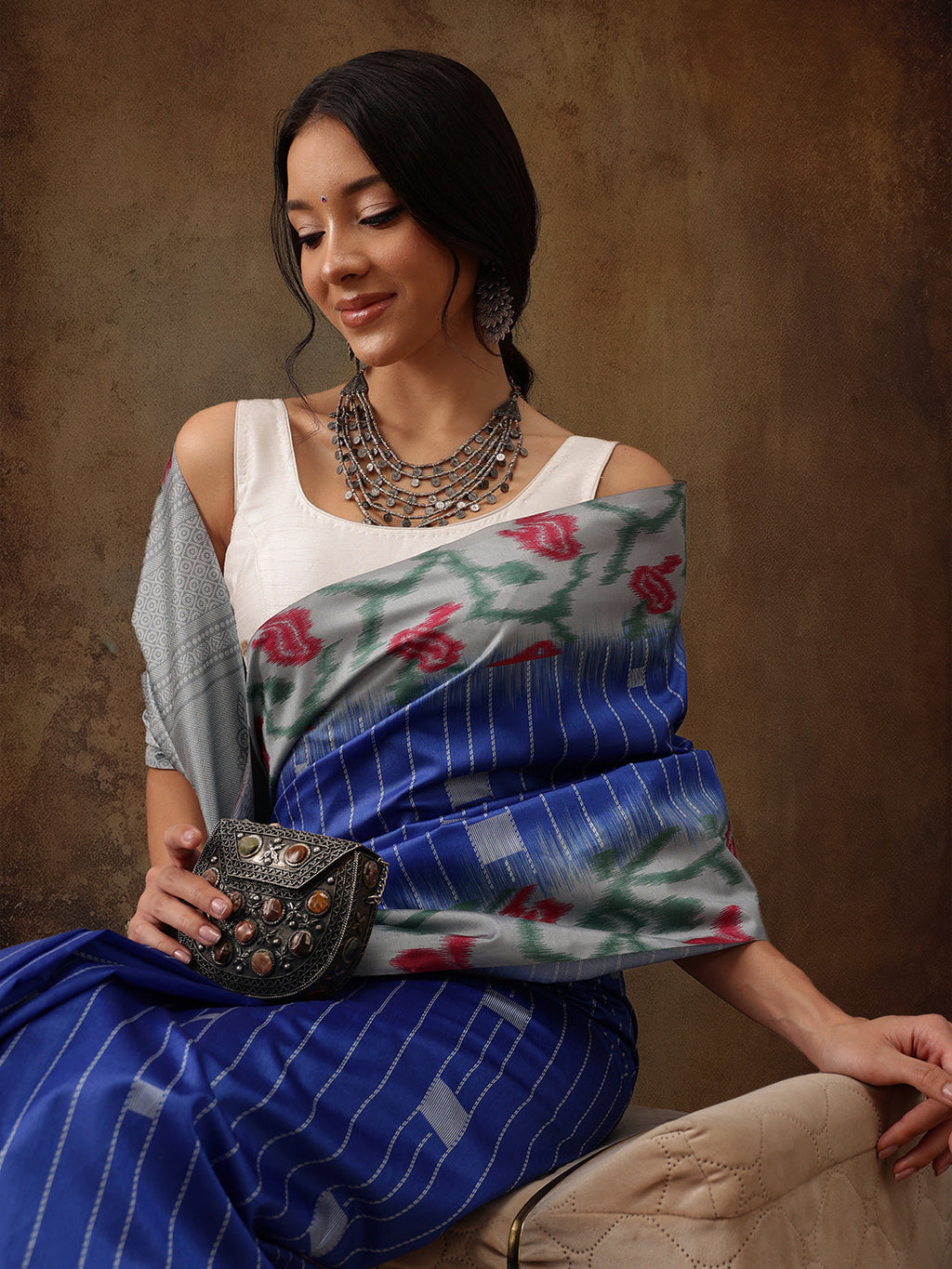 Blue Silk Blend Digital Print Striped Saree with Blouse Piece