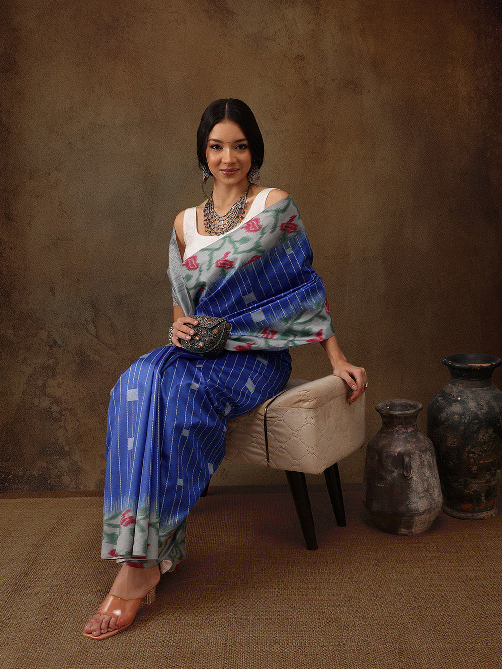 Blue Silk Blend Digital Print Striped Saree with Blouse Piece