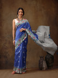 Blue silk blend saree featuring a modern digital stripe pattern with matching blouse piece