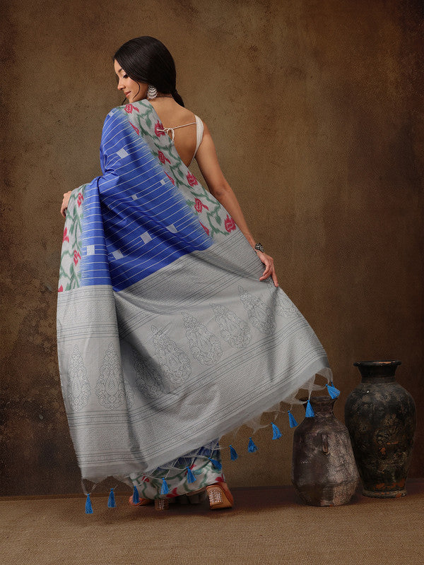 Blue Silk Blend Digital Print Striped Saree with Blouse Piece
