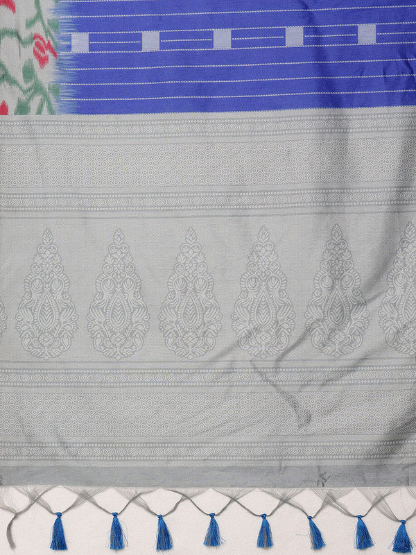 Blue Silk Blend Digital Print Striped Saree with Blouse Piece