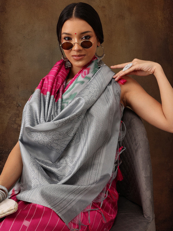 Pink Silk Blend Saree with modern striped digital print and unstitched blouse.