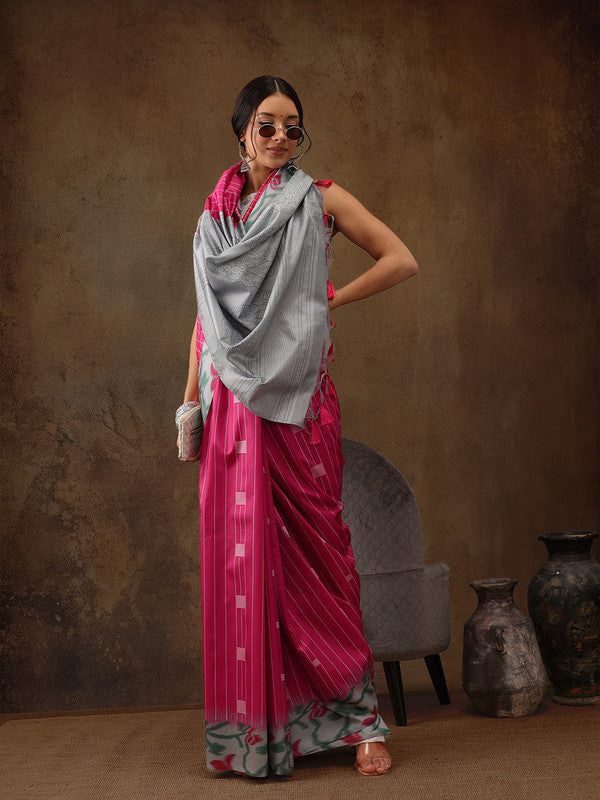 Pink Silk Blend Striped Saree with Digital Print